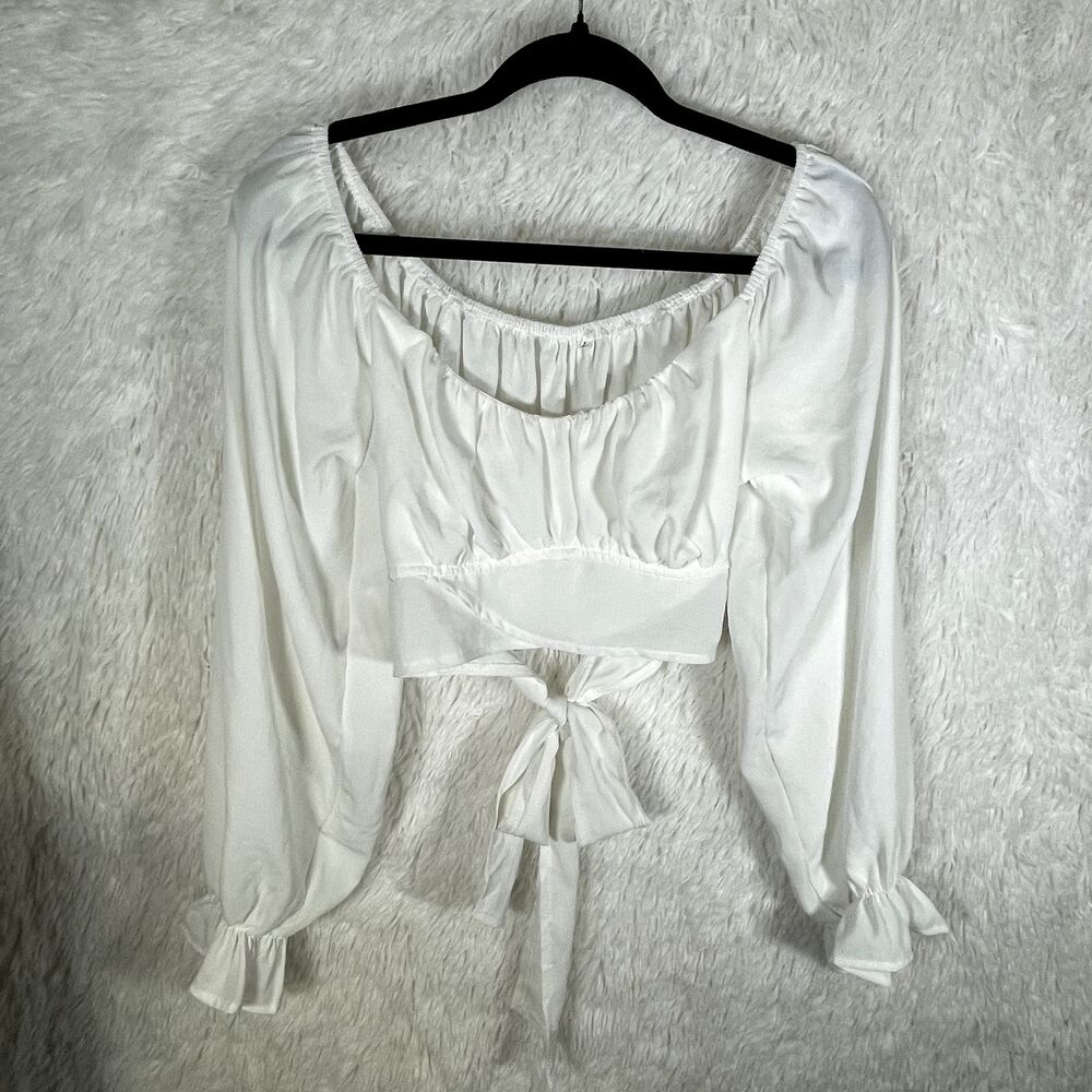 Boutique Tie Back White Crop Top Peasant Blouse Womens Size Large